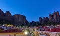 Meteora rocks and Kalabaka town at twilight