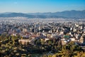 Panoramic view of metropolitan Athens, Greece with Athenian Agora and Temple of Hephaestus Hephaisteion seen from Acropolis hill