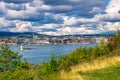 Panoramic view of metropolitan Oslo city center, Norway, seen from Hovedoya island on Oslofjord harbor