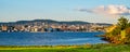 Panoramic view of metropolitan Oslo, Norway, city center seen from Nakholmen island marina on Oslofjord harbor