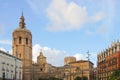 A panoramic view of the Micalet tower next to the Valencia Cathedral from the renovated Plaza de la Reina in Valencia, Spain Royalty Free Stock Photo