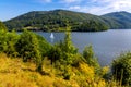 Panoramic view of Miedzybrodzkie Lake and Beskidy Mountains with Gora Zar mountain near Zywiec in Silesia region of Poland Royalty Free Stock Photo