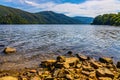 Panoramic view of Miedzybrodzkie Lake and Beskidy Mountains with Gora Zar mountain near Zywiec in Silesia region of Poland Royalty Free Stock Photo