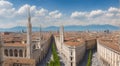 Milan, Italy panorama. View from Milan Cathedral. Royal Palace of Milan - Palazzo Realle and Velasca Tower in the background Royalty Free Stock Photo