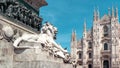 Panoramic view of the Milan city center with sculpture of lion in summer, Italy. Famous Milan Cathedral Duomo di Milano in Royalty Free Stock Photo