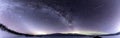 Panoramic view of Milky Way above frozen lake and Scandinavian Mountains in Norway, very cold winter night, deep clear sky Royalty Free Stock Photo