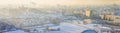 Panoramic view of Minsk downtown on early winter morning. Nemiga district and Trinity Suburb covered with thick snow