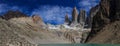 A panoramic view from Mirador Torres Del Paine of the towers at the end of the W walk in Torres del Paine National Park Royalty Free Stock Photo