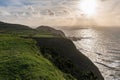 Panoramic view from the Miradouro da Ponta do Escalvado at the sunset in the Sao Miguel island. Azores, Portugal Royalty Free Stock Photo