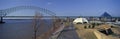 Panoramic view of Mississippi River with Bridge and The Pyramid Sports Arena in skyline, Memphis, TN Royalty Free Stock Photo