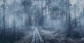Panoramic view of misty coniferous forest with pine trees and wooden path covered in fog in autumn. Spooky forest landscape Royalty Free Stock Photo
