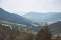 panoramic view of misty forest in western carpathian mountains. Royalty Free Stock Photo