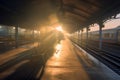 Panoramic view of misty sunset in vintage outdoors train station