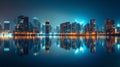 A panoramic view of a modern city at night its reflection shimmering on the calm waters beneath. The citys commitment to