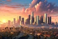 Panoramic view of modern city at sunset. 3D rendering, Skyline of Los Angeles at sunrise, California, USA. 3D rendering, AI