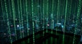 Digital Cityscape with Green Binary Code Falling, Futuristic Data Flow Royalty Free Stock Photo