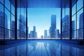 Panoramic view of a modern cityscape seen through the expansive windows of a sleek glass building. Business finance corporate