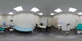 Panoramic view of a modern interior European Dental Clinic. Modern equipment. Spherical projection inside the dental office.