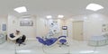 Panoramic view of a modern interior European Dental Clinic. Modern equipment. Spherical projection inside the dental office.