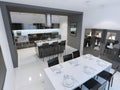 Panoramic view of modern and minimalist kitchen Royalty Free Stock Photo