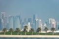 Panoramic view of modern skyline of Doha with Palms foreground. Concept of healthy environment