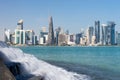 Panoramic view of modern skyline of Doha with small waterfall foreground. Qatar on sunny day