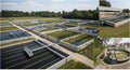 Panoramic view of a modern wastewater treatment plant with purification basins and natural wetlands under a clear sky, showcasing Royalty Free Stock Photo