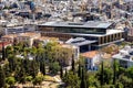 Panoramic view of modernistic Acropolis Museum building within metropolitan Athens, Greece