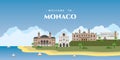 Panoramic view of Monaco with architectural building landmarks. Welcome to Monaco postcard. Travel and safari concept. European