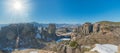 Panoramic view of monasteries and rocks formations in Meteora in winter time, Greece Royalty Free Stock Photo