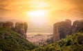 Panoramic view of Meteora in sunrise, Greece. Royalty Free Stock Photo