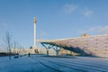 Panoramic view of Monument Kazakh people and Peace Wall on sunny winter day. Cityscape of Independence Square in city