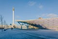 Panoramic view of Monument Kazakh people and Peace Wall on sunny winter day. Cityscape of Independence Square in city