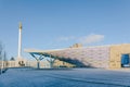 Panoramic view of Monument Kazakh people and Peace Wall on sunny winter day. Cityscape of Independence Square in city