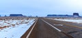 Panoramic view of Monument Valley road after snowfall. Royalty Free Stock Photo