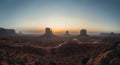 Panoramic view of Monument Valley USA Utah during Sunset and sunrise with famout view to the sisters and west mitten Royalty Free Stock Photo