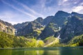 Panoramic view of Morskie Oko lake with Tatra Mountains peaks - Zabia Turnia, Wolowy Grzbiet, Kazalnica, Rysy, Mieguszowieckie Royalty Free Stock Photo