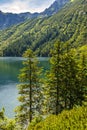 Panoramic view of the Morskie Oko mountain lake with High Tatra Mountains peaks and surrounding forest in background Royalty Free Stock Photo