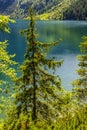 Panoramic view of the Morskie Oko mountain lake with High Tatra Mountains peaks and surrounding forest in background Royalty Free Stock Photo