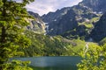 Panoramic view of the Morskie Oko mountain lake with High Tatra Mountains peaks - Zabia Turnia, Wolowy Grzbiet, Kazalnica and Royalty Free Stock Photo