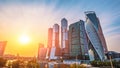 Panoramic view of Moscow city and Moskva River at sunset. New modern futuristic skyscrapers of Moscow-City Royalty Free Stock Photo