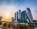 Panoramic view of Moscow city and Moskva River at sunset. New modern futuristic skyscrapers of Moscow-City Royalty Free Stock Photo