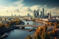 Panoramic view of Moscow city from Sparrow Hills. Russia, Moscow skyline with the historical architecture skyscraper and Moskva