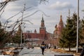 Panoramic view of Moscow Kremlin with Spassky Tower and Saint Basil's Cathedral in center city on Red Square from Royalty Free Stock Photo