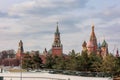 Panoramic view of Moscow Kremlin with Spassky Tower and Saint Basil's Cathedral in center city on Red Square from Royalty Free Stock Photo