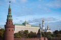 Panoramic view on Moscow Red Square, Kremlin towers, stars and Clock Kuranti, Saint Basil\'s Cathedral church. Moscow Putin