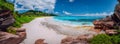 Panoramic view of most spectacular tropical beach Grande Anse on La Digue Island, Seychelles. Vacation holidays relaxing