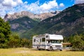 Panoramic view of MOTORHOME RV In Chilean landscape in Andes. Family trip traval vacation in mauntains
