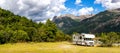 Panoramic view of MOTORHOME RV In Chilean landscape in Andes. Family trip traval vacation in mauntains