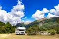 Panoramic view of MOTORHOME RV In Chilean landscape in Andes. Family trip traval vacation in mauntains